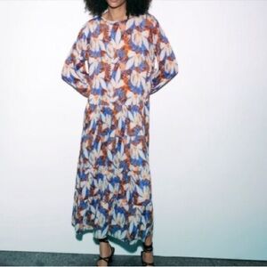 Zara Blue Floral Long Sleeve Midi Dress sz M